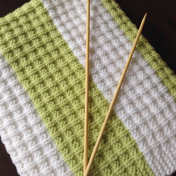 Hand Knit Blanket - Lime Green & White Waffle - Picture 1 of 5